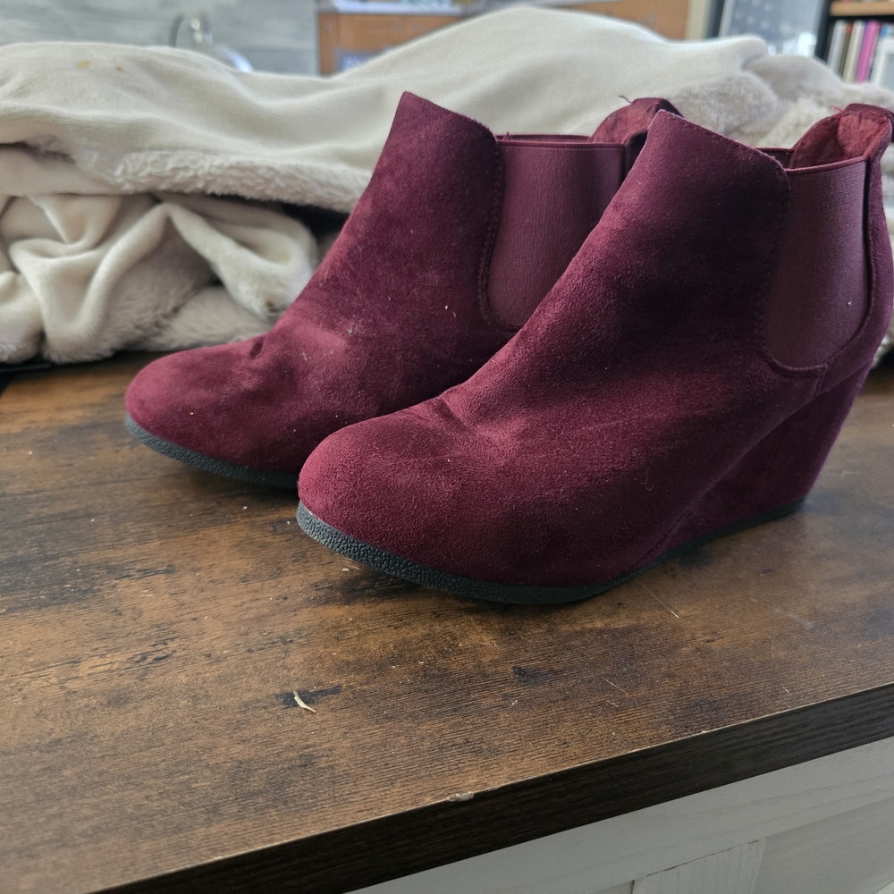Maurices Burgundy Suede Wedge Booties
